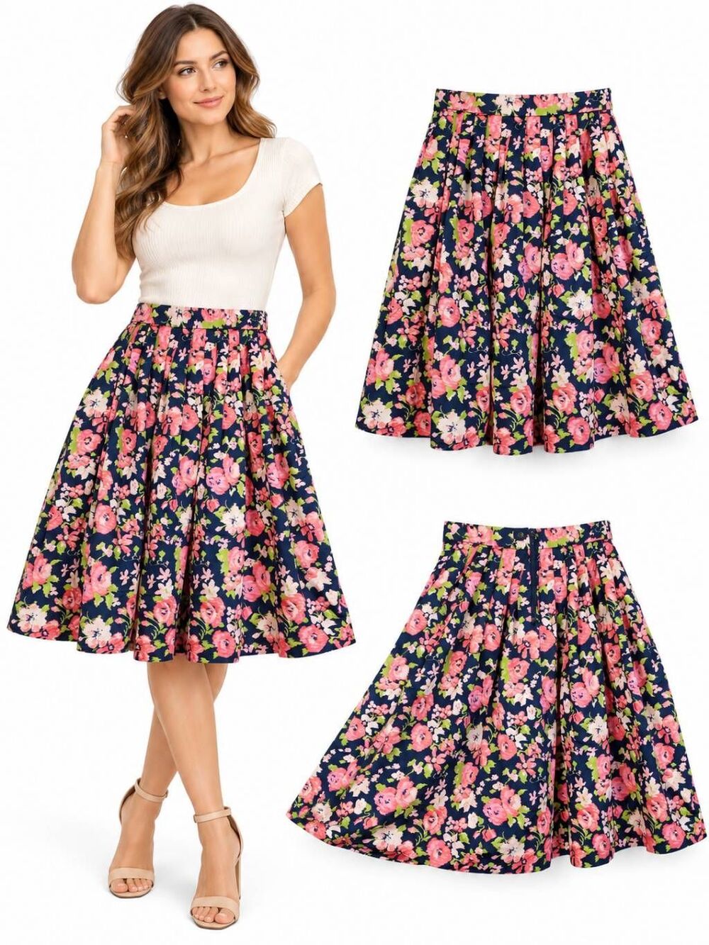 Brooks Brothers Size 2 Navy Pink Floral Cotton Pleated Skirt
